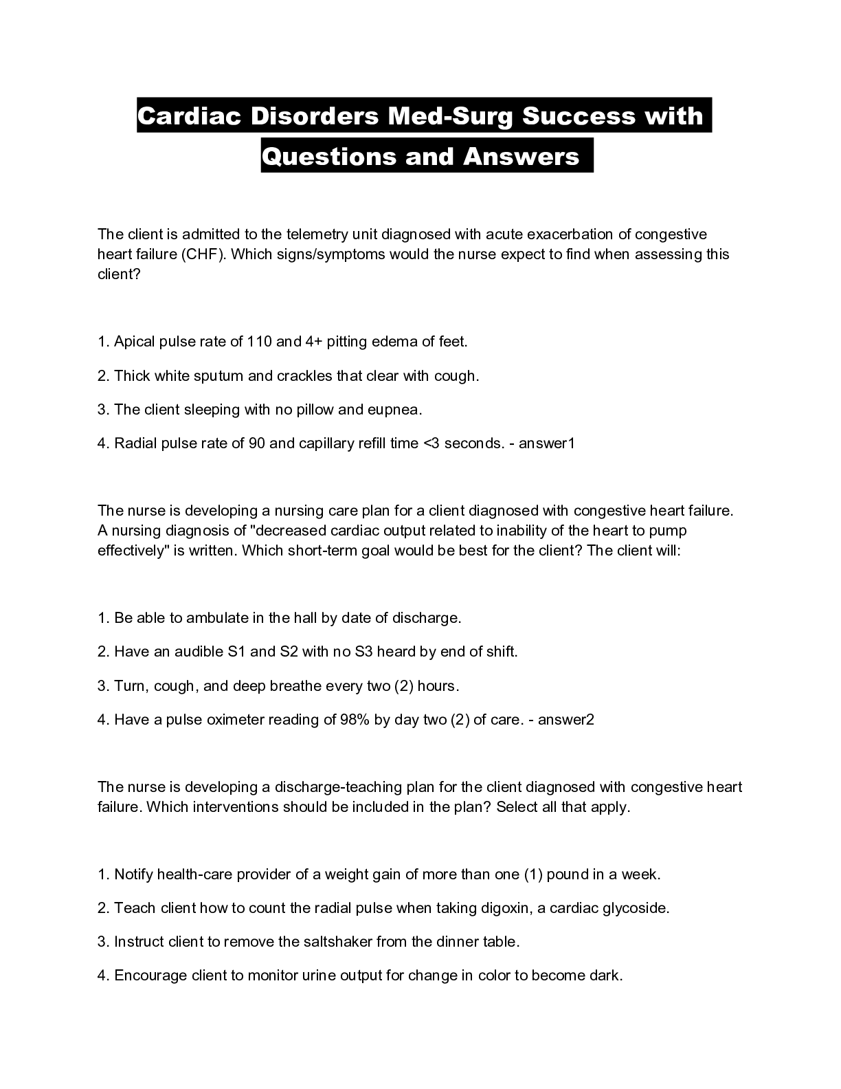 Cardiac Disorders MedSurg Success with Questions and Answers